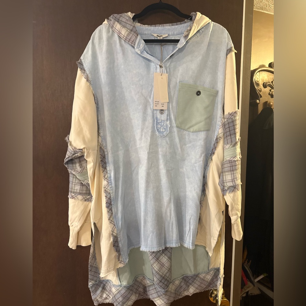 Blue Velvet Patchwork Light Blue & Cream Hi-Lo Long Sleeve Hoodie Top